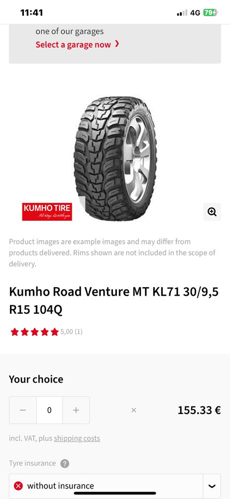 30/9.5/15 245/75/15 kumho MT originale