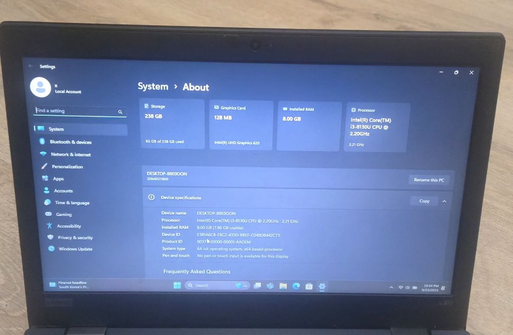 Laptop Lenovo L380 i3 gen 8 8Gb Ram 250GB SSD Windows 11