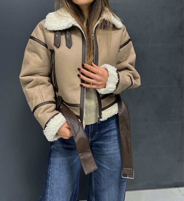 Дамско яке тип авиатор с каракул  – кафяво с кожени  с акценти