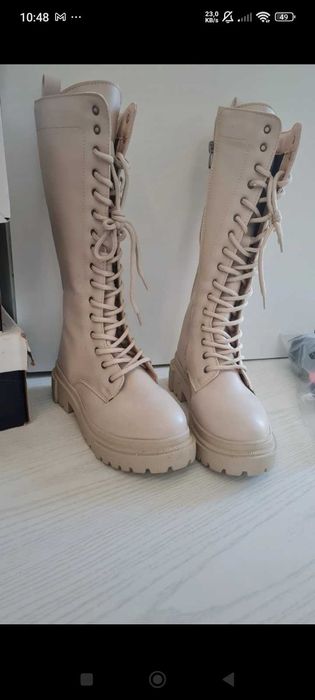 Cizme inalte sub genunchi alb bej siret stil tenesi