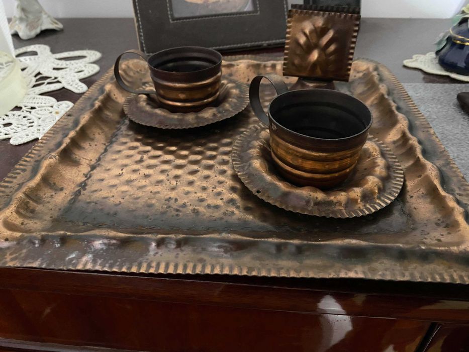 Tava + cescute cupru/alamă, de colectie, vintage, antichitate