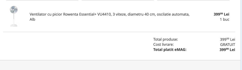 Ventilator cu picior Rowenta Essential+ 3 viteze, diametru 40 cm, Alb