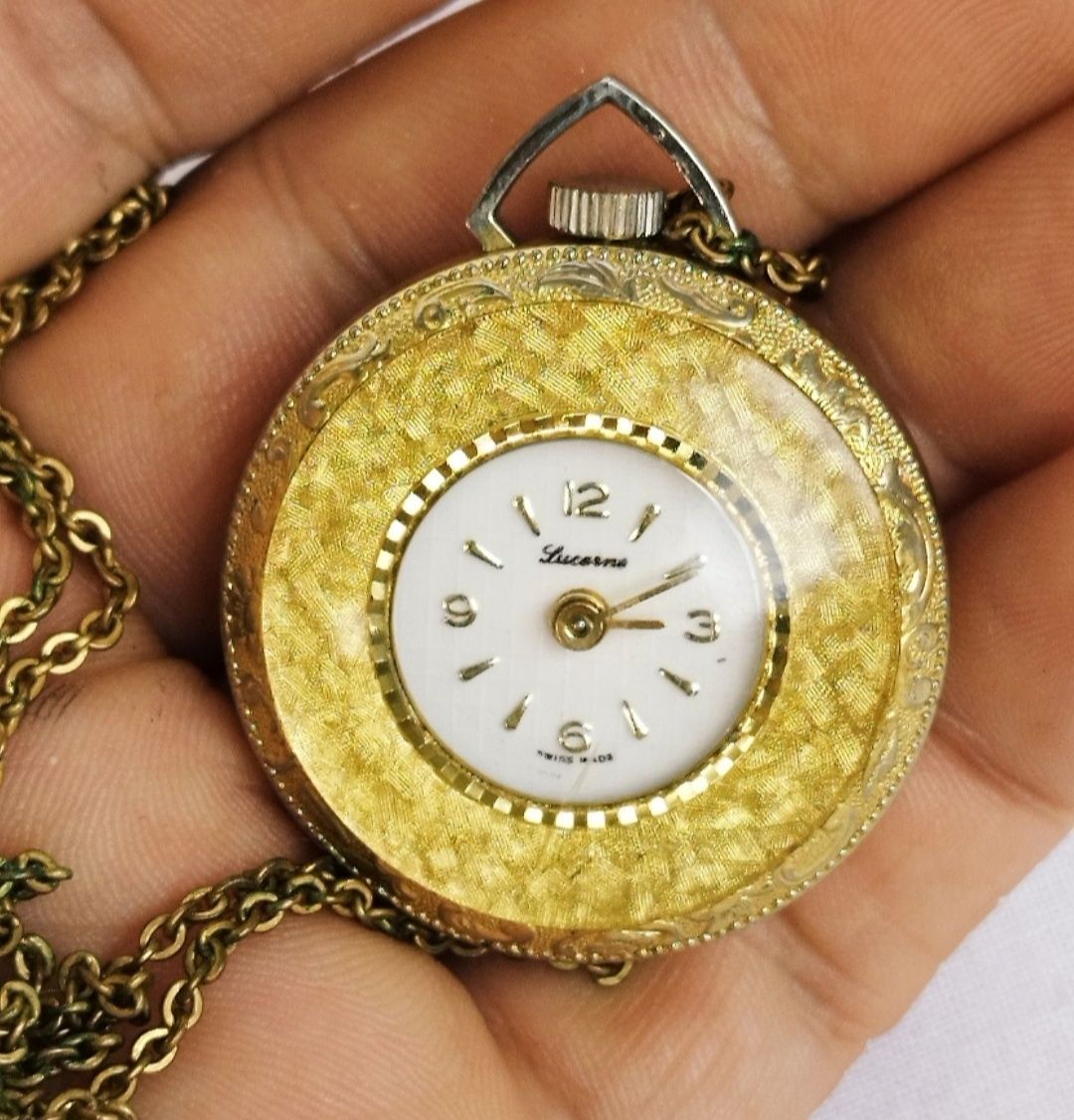 Ceas damă mecanic Lucerne, pandantiv cu lanț, un rubin, placat cu aur