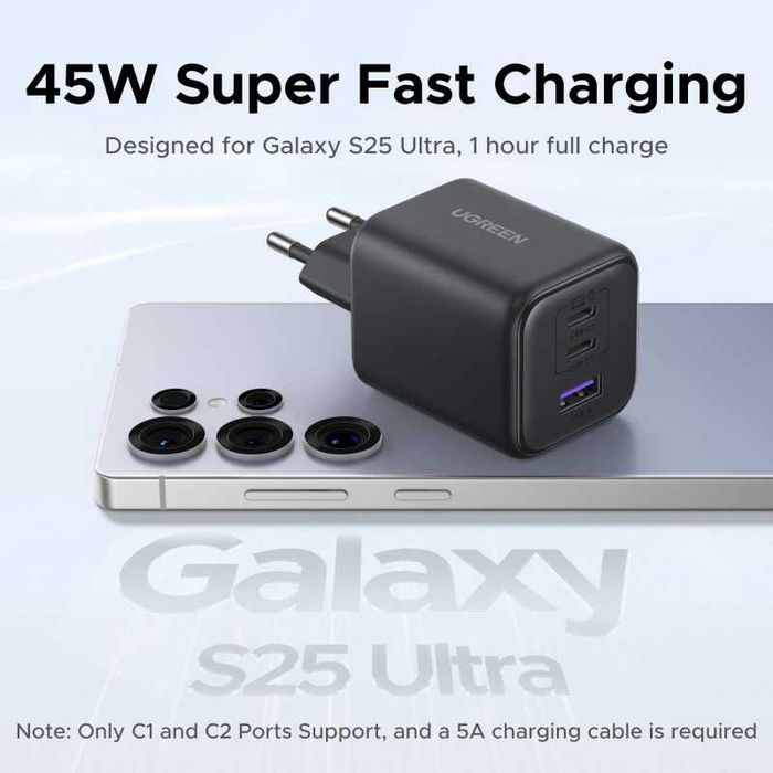 UGreen GaN Зарядно-Адаптер 45W с Три Порта - Бързо зареждане