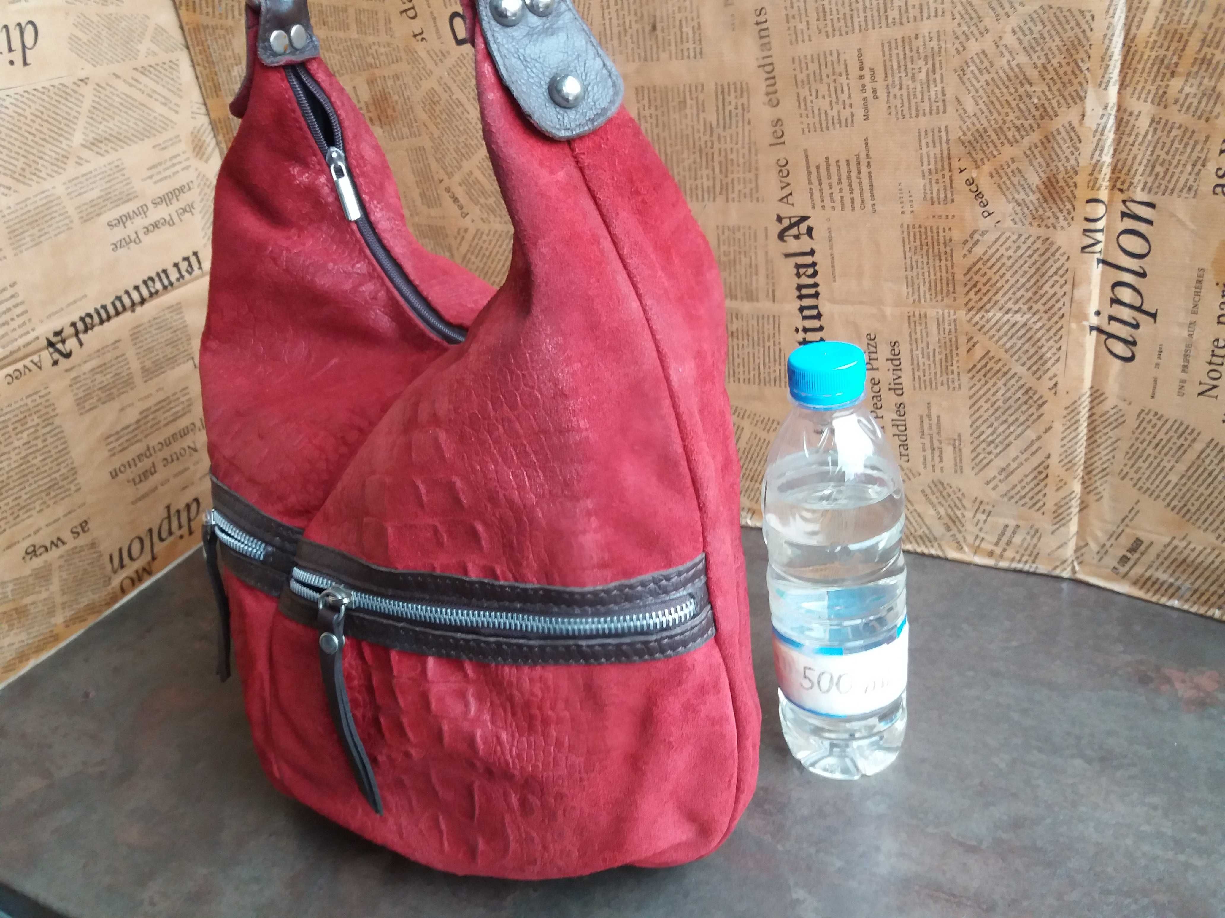 Червена велурена чанта.торба-естествена кожа