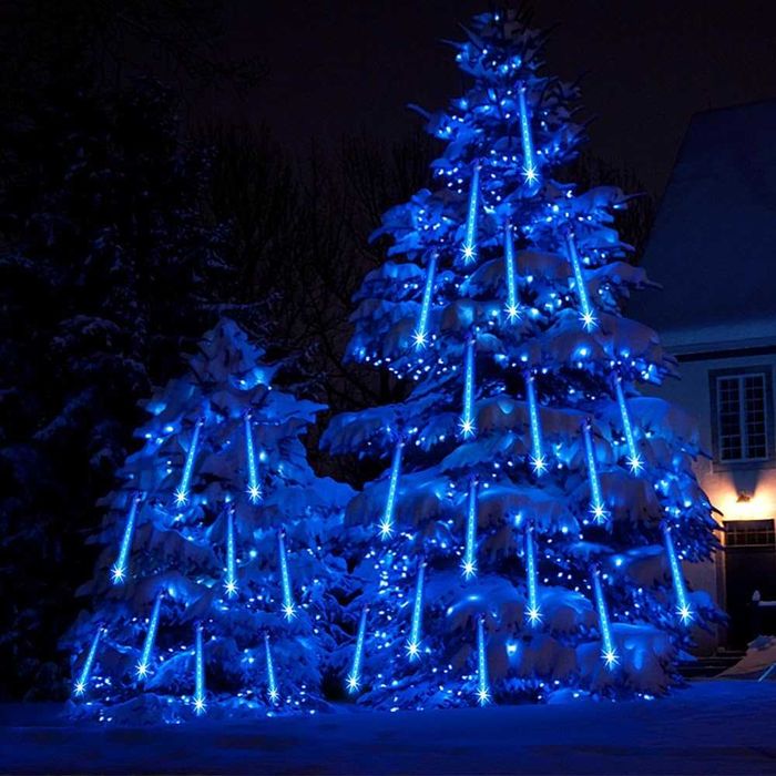 Соларни коледни лампички падащ сняг 3м х 30см снежно синя светлина LED