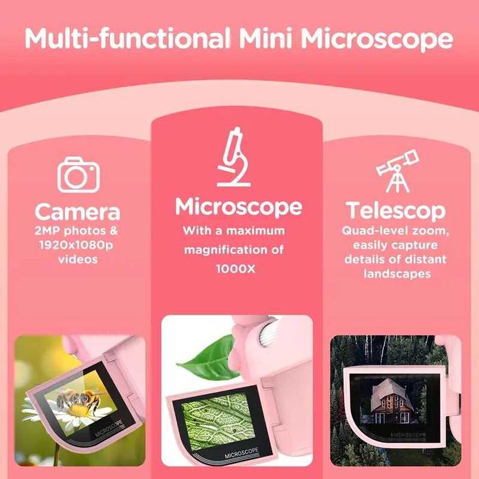 Детски дигитален микроскоп 2MP с 1000x увеличение HD 2 инчa IPS екран