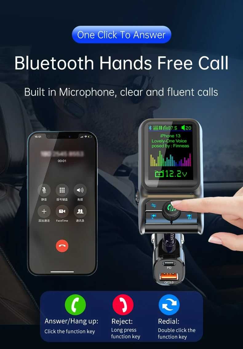 Bluetooth FM трансмитер BC85 Голям Екран , QC 3.0 Бързо зареждане ,Aux