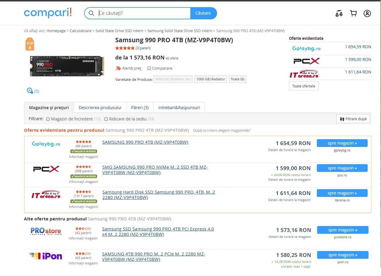 SSD Samsung 990 PRO 4TB PCI Express 4.0 , noi, fara cutie , zero ore