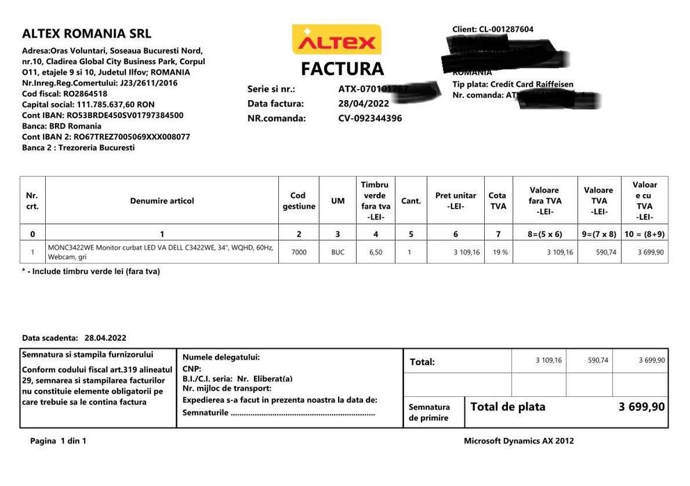 Vand monitor Dell C3422we - 34" - OFERTA !