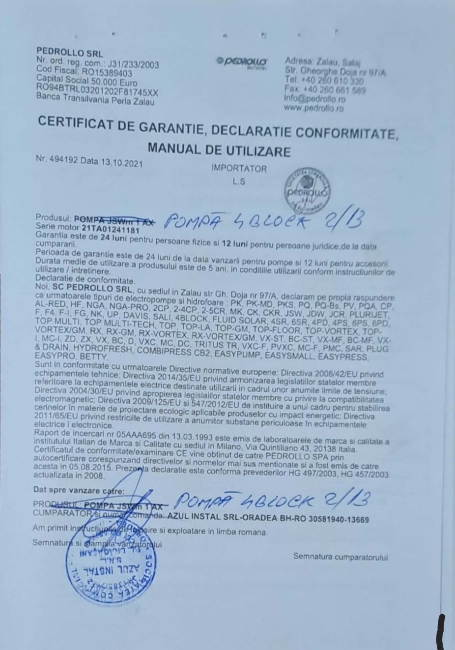 Vand pompa Pedrollo 4block 2/13 noua