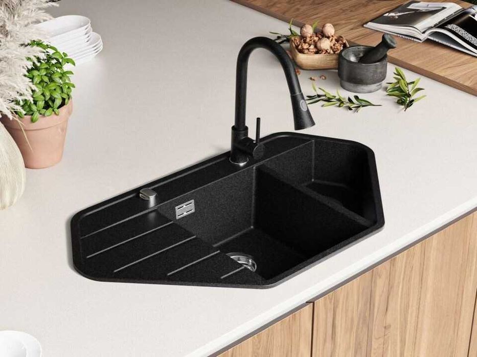 Графит ъглова кухненска гранитна мивка Копенхаген 900 Corner 900x500 м