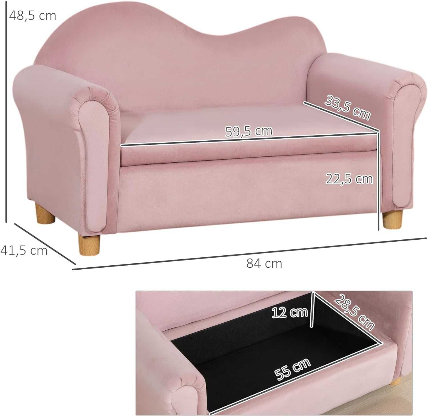 Canapea de doua locuri pentru copii cu spatiu de depozitare , roz