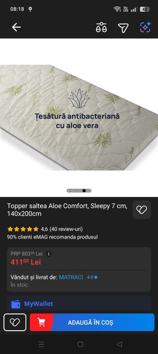 Topper saltea Aloe Comfort, Sleepy 7 cm, 140x200cm