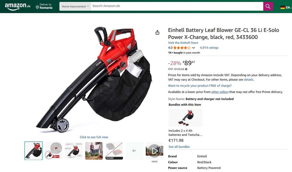 Suflantă Einhell GE-CL 36 Li E-Solo Power X-Change cu baterie