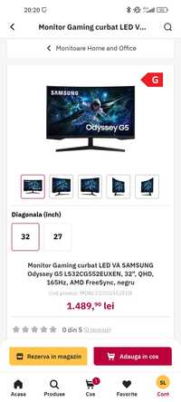 Monitor Gaming curbat LED VA SAMSUNG Odyssey G5 32" 165hz 2k