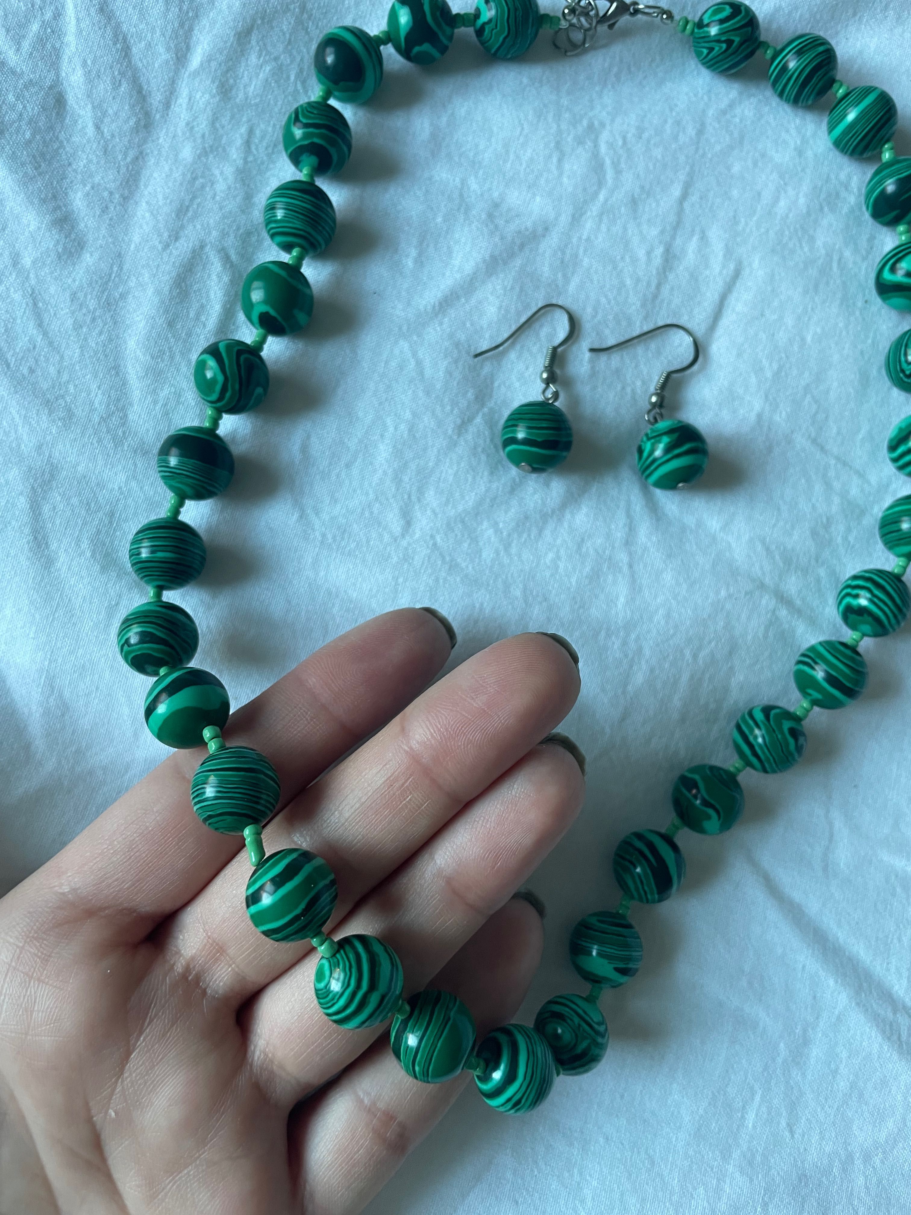 Set bijuterii colier si cercei verzi malachit