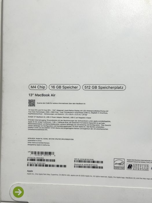 Macbook Air 13” M4 512Gb/16Gb NOU Neactivat Culoare Sky Blue