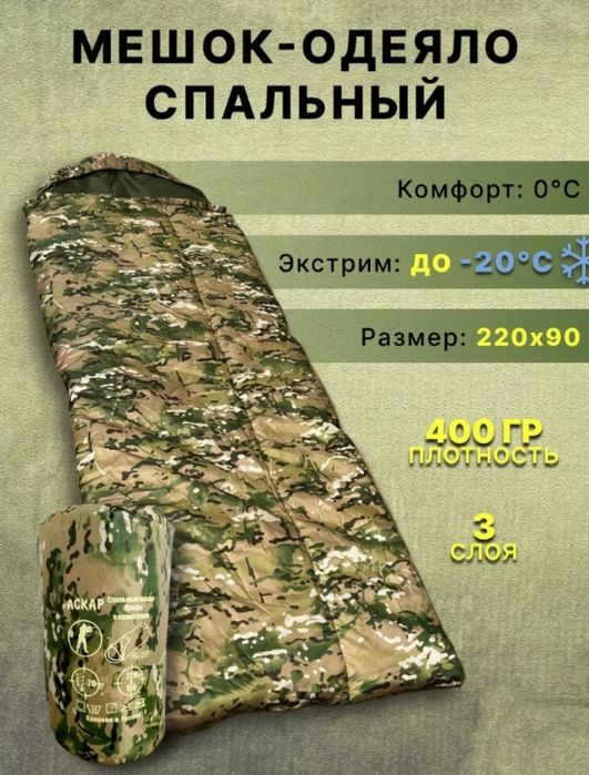 Спальный мешок-одеяло с капюшоном - 20⁰C 220х180 см на флисе