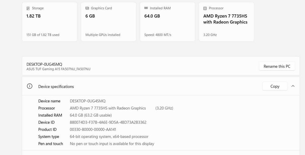 Laptop gaming ASUS TUF  FA507NU,Ryzen7 7735HS,8 nuclee,Game Ready