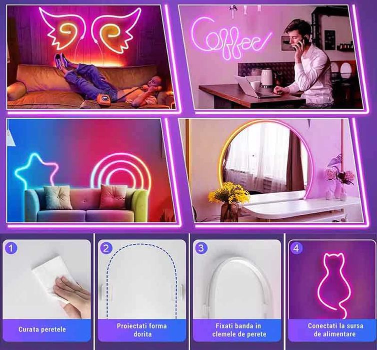 Kit Banda LED Neon din silicon, RGB, 12V, Wi-FI, Aplicatie dedicata