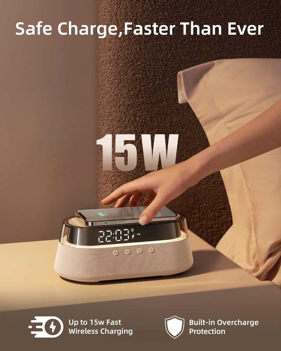 Ceas alarmă digital EZVALO 6în1,radio încărcare 15W,boxa Bluetooth,RGB