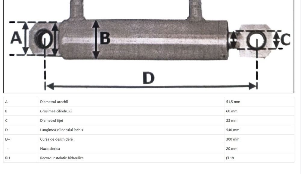 Cilindru hidraulic plug reversibil lungime 54 cm deschide 30 cm diamet
