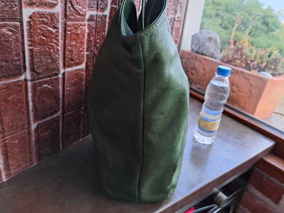 дамска чанта, голяма зелена торба-естествена кожа