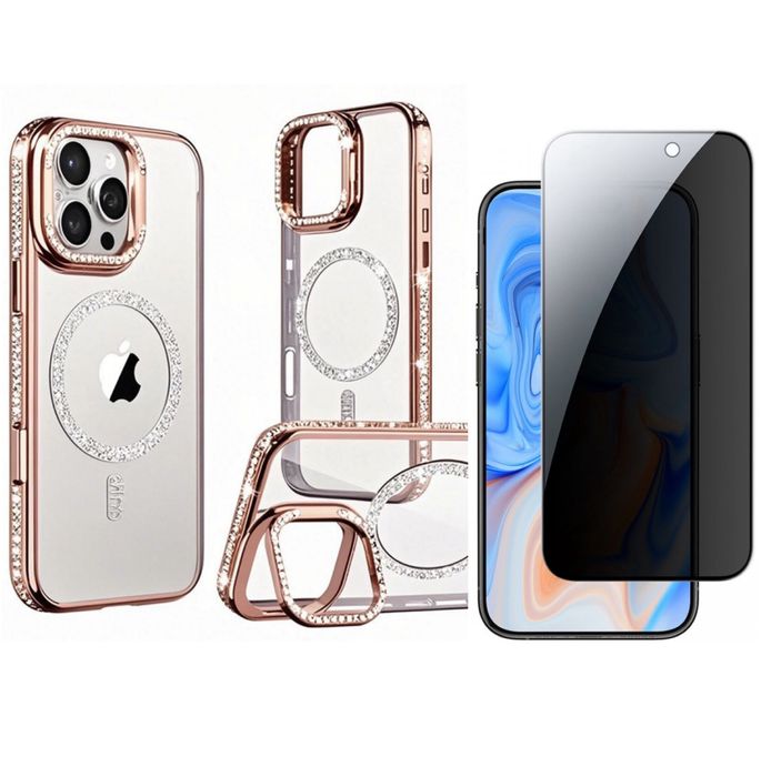 Iphone 15/16/PRO/MAX Husa Stand Glitter + Folie Sticla Full Space