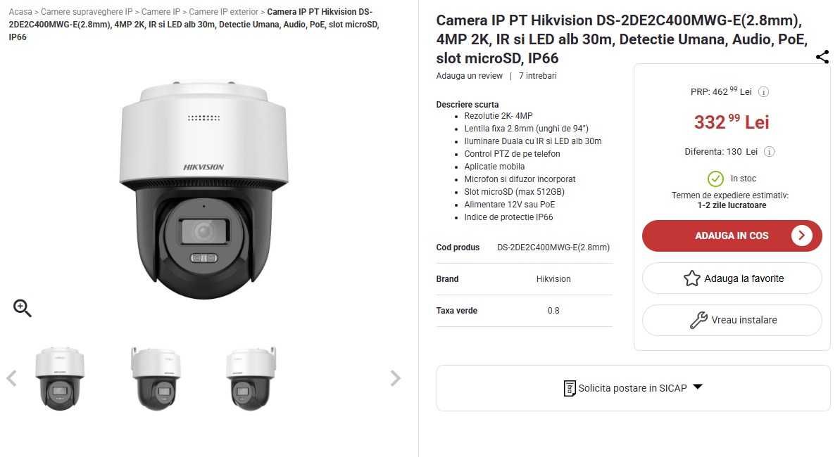 Camera IP PT Hikvision DS-2DE2C400MWG-E, 4MP 2K, IR, LED alb 30m,