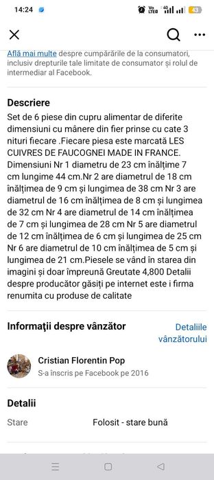 Set 6 cratițe cupru cu mânere din fier MADE in Fanta