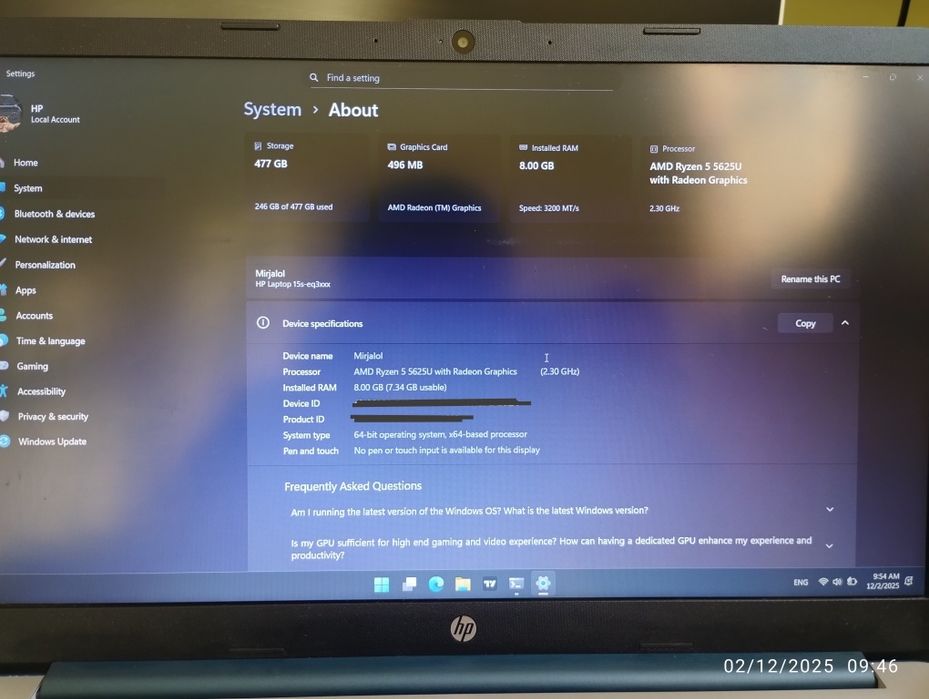 “HP 15 | Ryzen 5 5625U | 8GB RAM | 512GB SSD | Full HD”