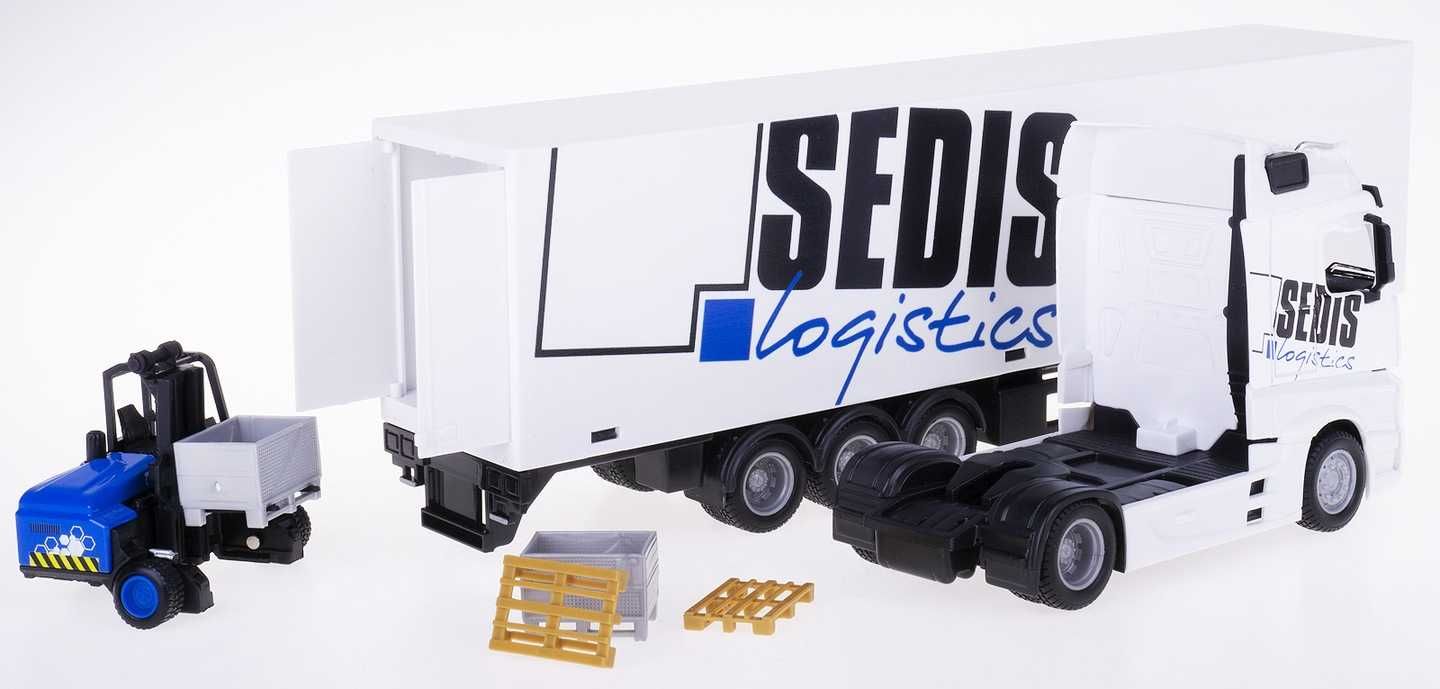 Bburago Камион с мотокар, отварящи се врати, MERCEDES-BENZ ACTROS