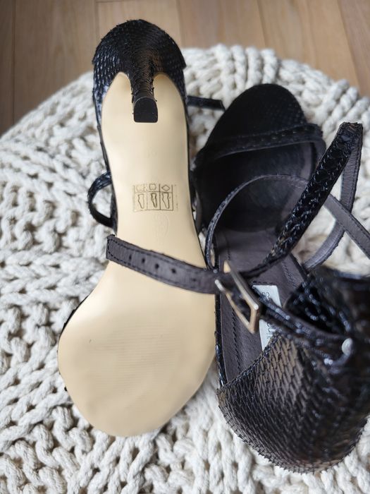 Sandale piele piton (sarpe) negru toc inalt 40