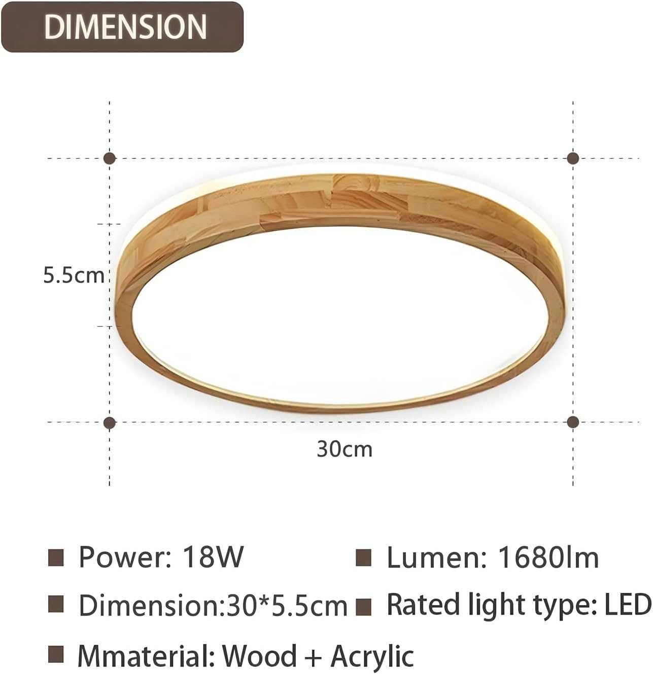 Дървена LED лампа за таван, 30см, 18W, 4500K, 1620Lm