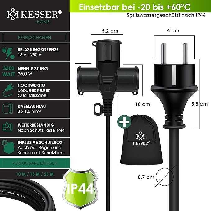 KESSER® Удължителен кабел 15m многощепсел с 3 x Schuko