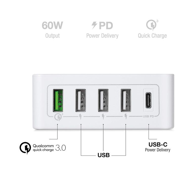 Stație de încărcare Aiino 5 porturi cu Type-c PD + QC 3.0 + 3 USB, 60W