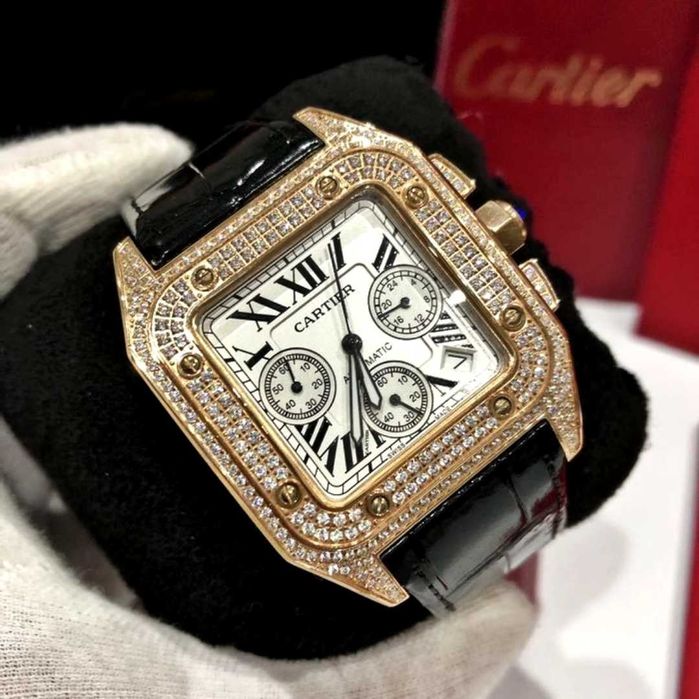 Cartier Santos 100XL пълен диамант / розово злато