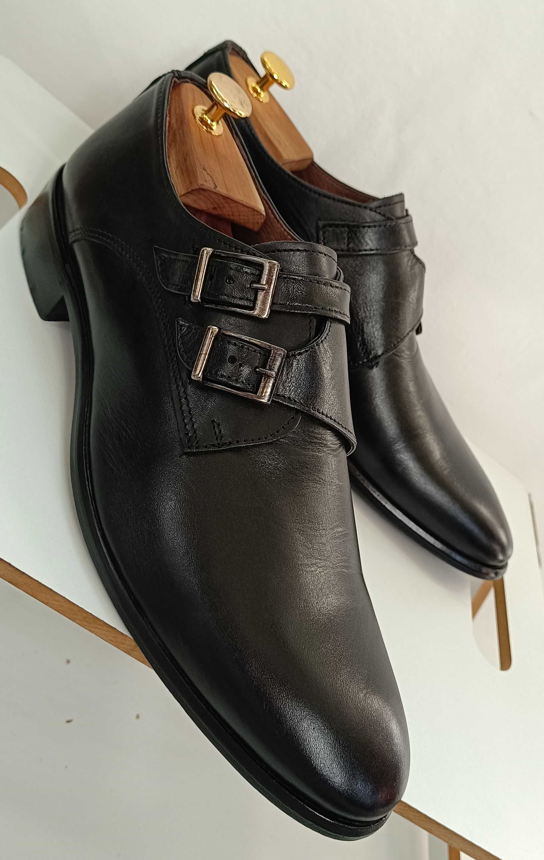 Pantofi double monk 43 premium Cinti Italy piele naturala moale negru