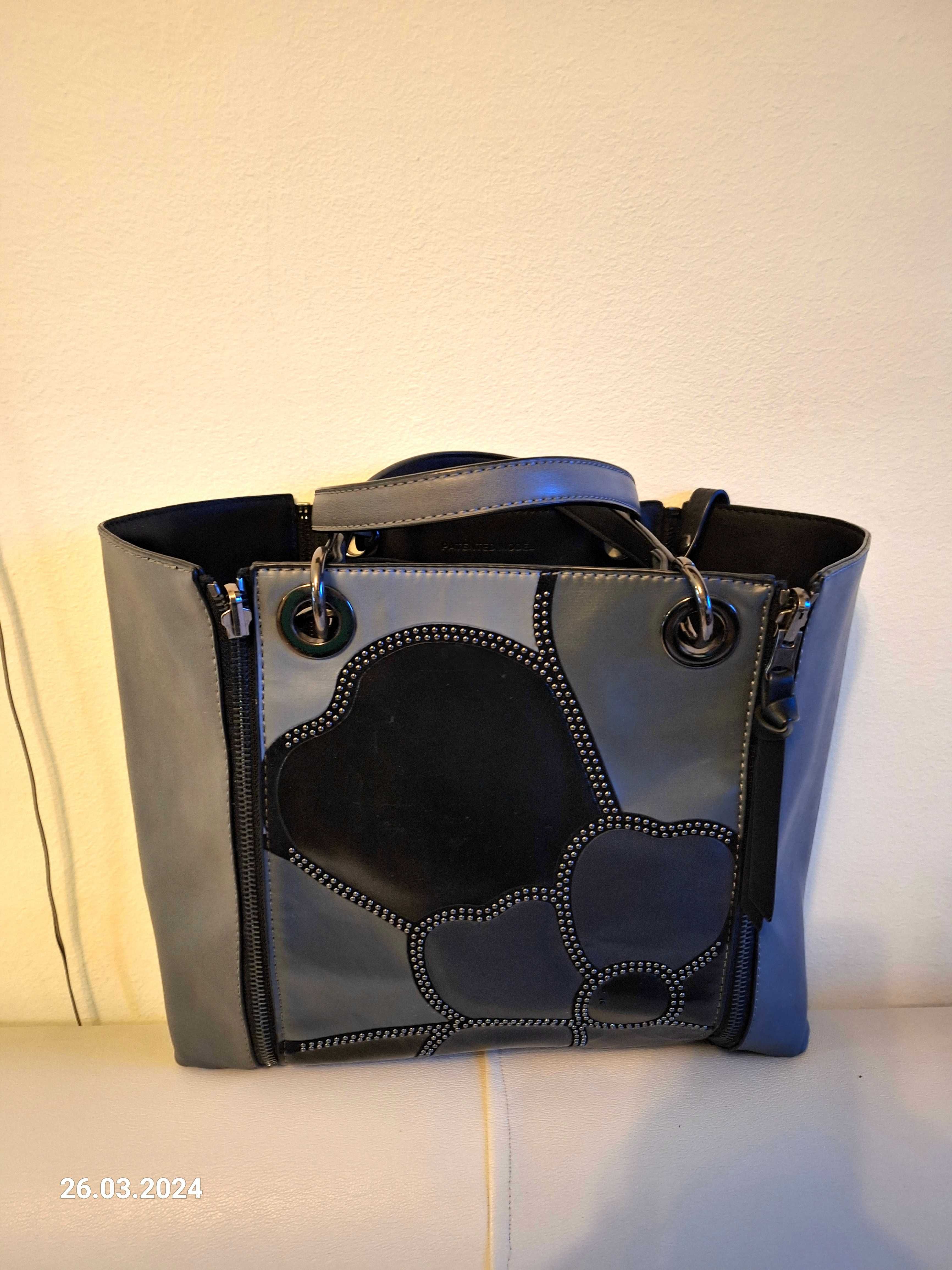 geanta cu doua modalități design - neagra sau gri cu negru