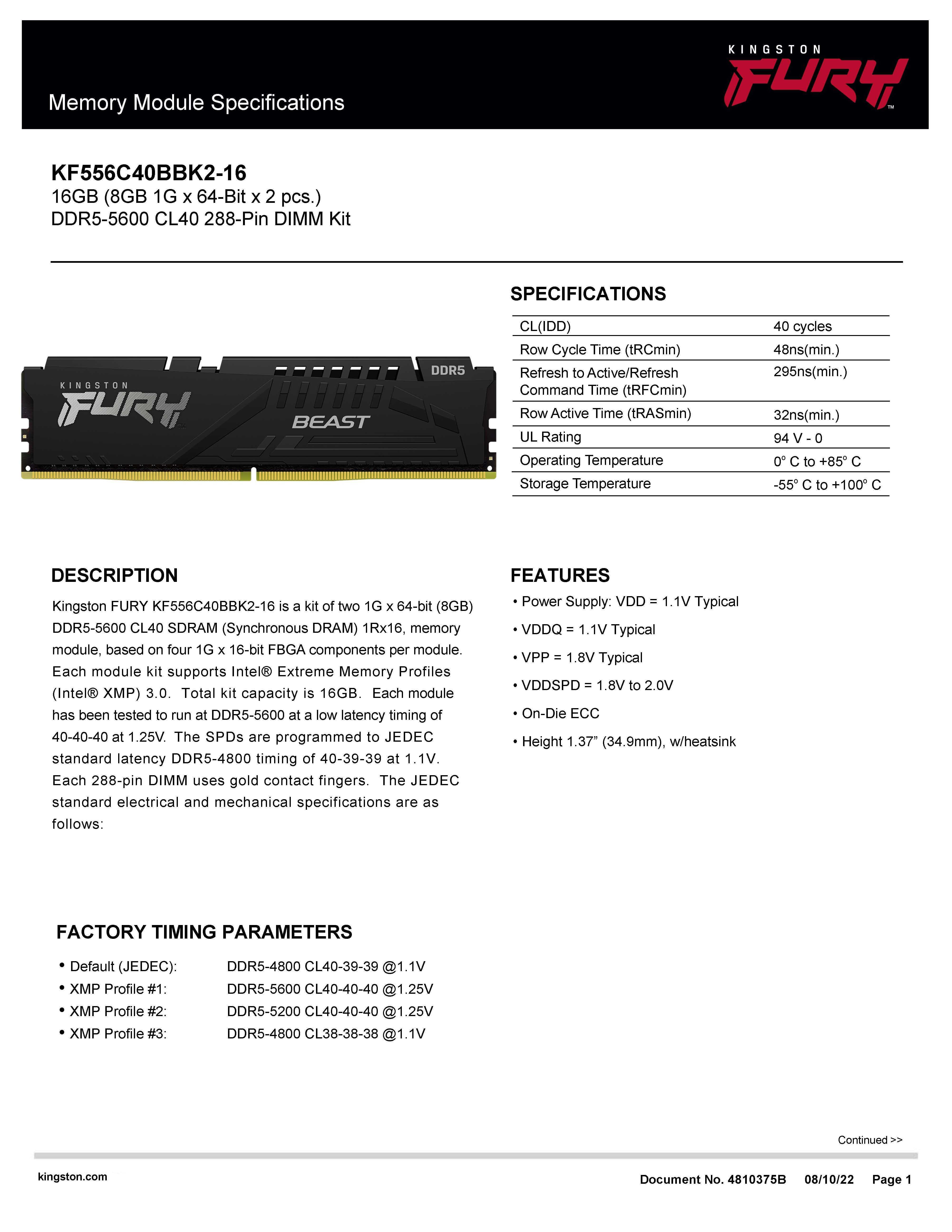 DDR-5 DIMM 16 GB (2х8) 5600 MHz Kingston Fury