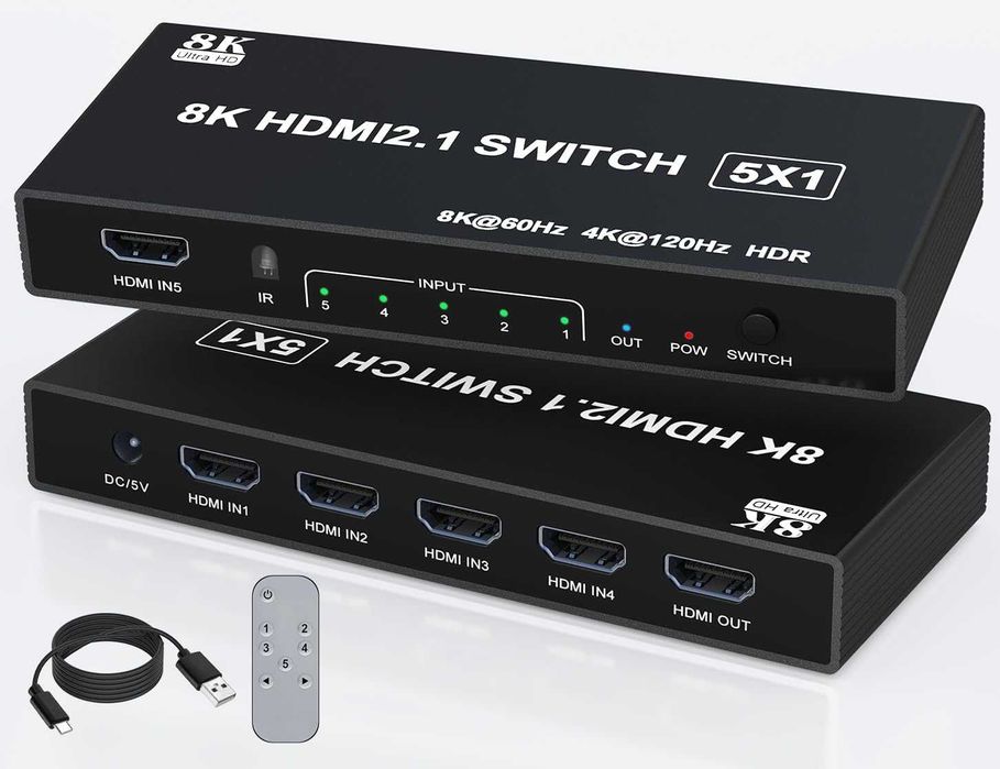 HDMI Splitter 8K 120Hz 5 in 1 cu telecomandă și suport HDR