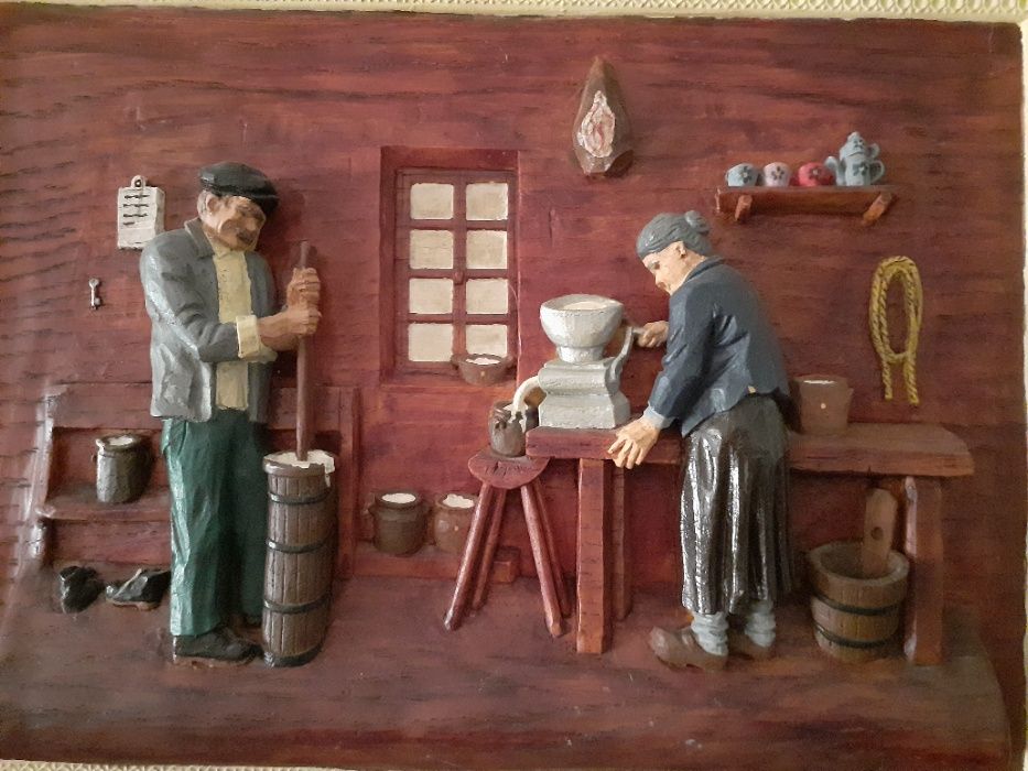 tablou vintage  sculptat si pictat in lemn