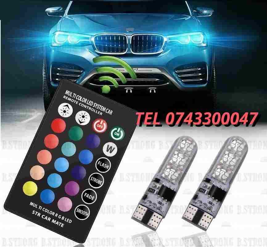 New Set 2 Becuri Led T10 Auto Pozitie 6 Smd Multicolor Rgb Cu Teleco