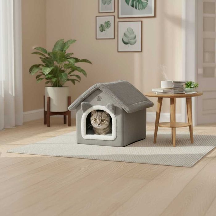 Casuta pliabila pisici cu acoperis detasabil perna lavabila 39x38x35cm