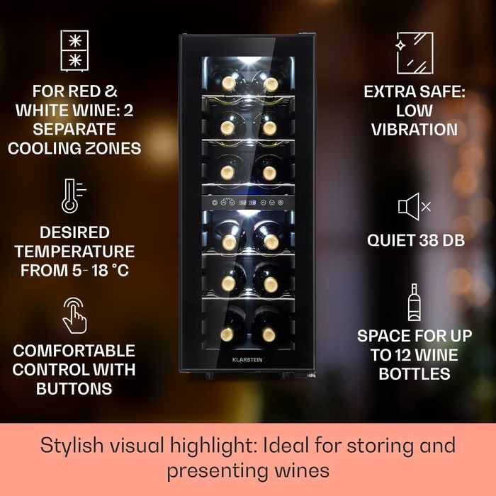 Охладител за вино с 2 зони  Klarstein Shiraz 12 Slim за 12 бутилки