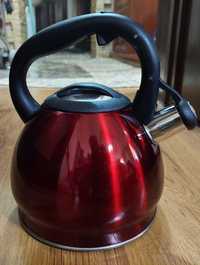 Новый чайник со свистком качественый из нержавеиший стали красный 3 л.