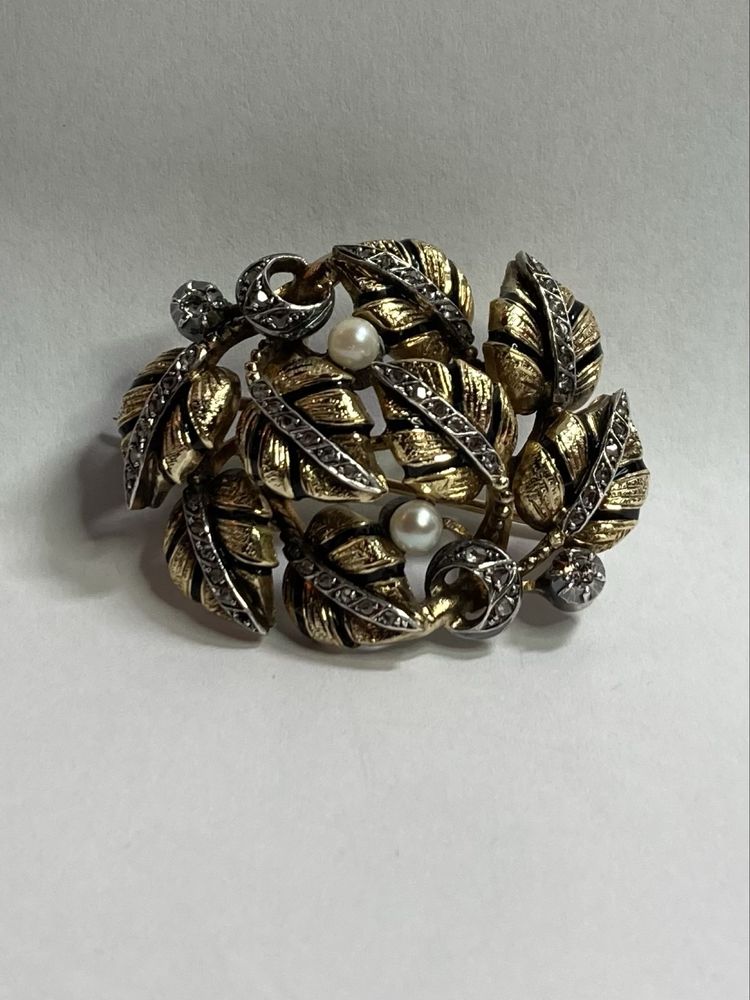 Brosa antica aur 18kt.ci diamante si perle