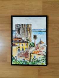 Tablou pictura acuarela A4 - peisaj urban citadin Lisabona Portugalia