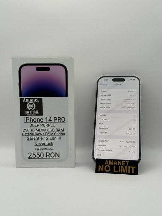 iPhone 14 Pro 256GB Deep Purple Ca Nou Garantie 1An, AMANET NO LIMIT.